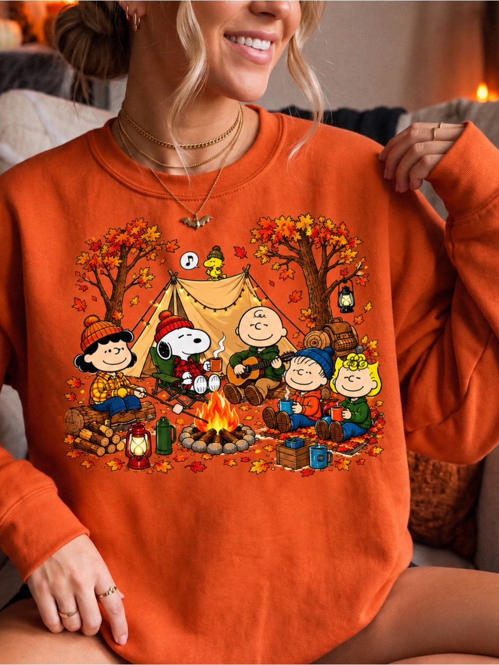 Peanuts Gang Fall Camping Graphic Sweatshirt Gildan Orange NWT